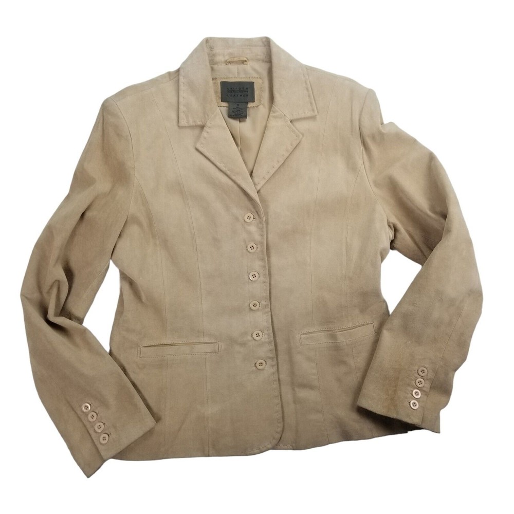 John Paul Richard Uniform Suede Leather Blazer Jacket Button Up Womens Sz 12 Tan - Picture 1 of 16